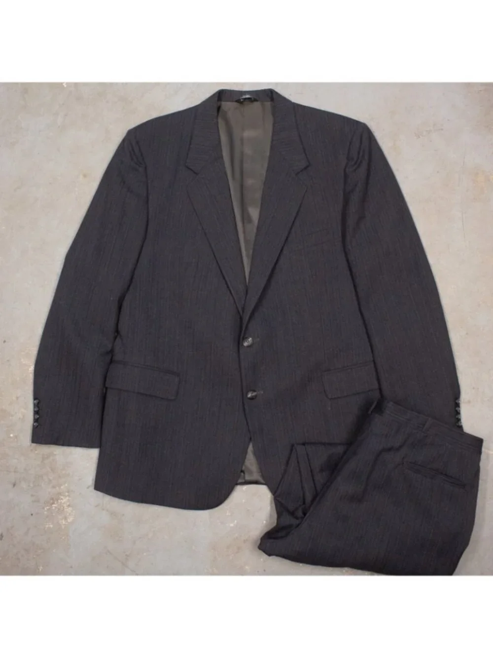 Vintage Bespoke Suit 80s Herringbone Striped England Wool 2pc Grey 48R 39x31